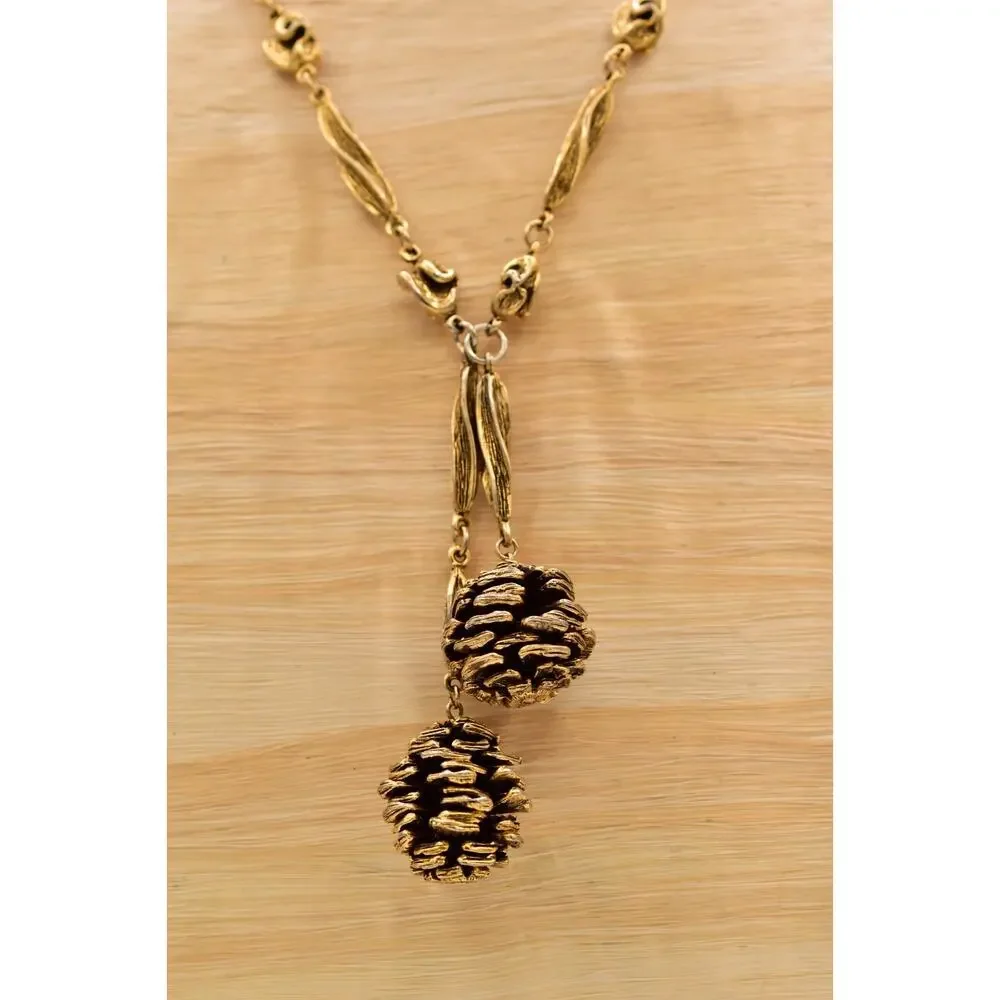 Vintage Fall Autumn Pinecone Statement Necklace Chunky Antiqued Gold Heavy BinBE